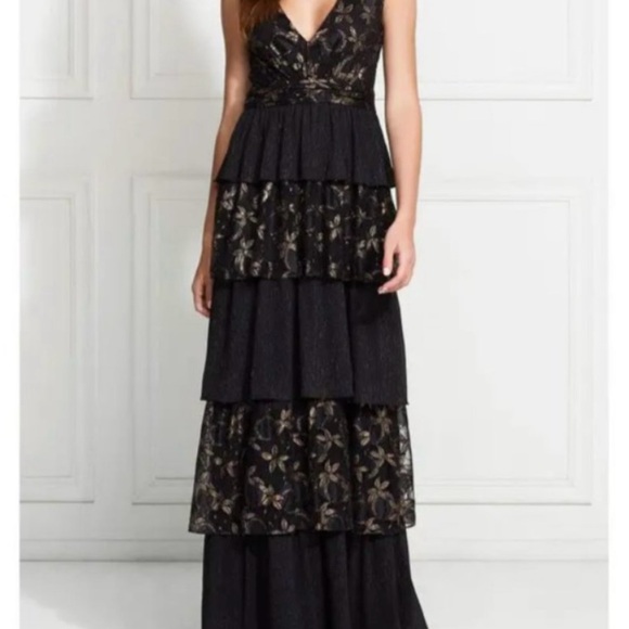 RACHEL ZOE Payten Layered Ruffle Black and Gold Maxi Dress - Picture 1 of 11